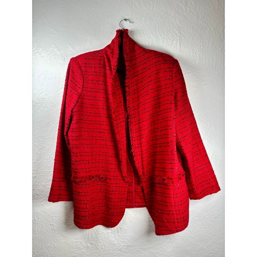 Worthington Red Black Tweed Blazer Jacket Women XL‎ Open Front Office Fringe